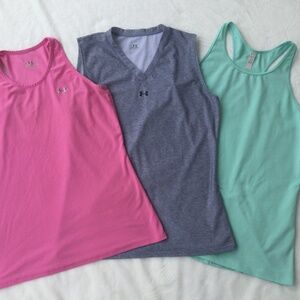 3 Under Armour Tank Tops, 1 small, 2 XL, pink, gray and light green